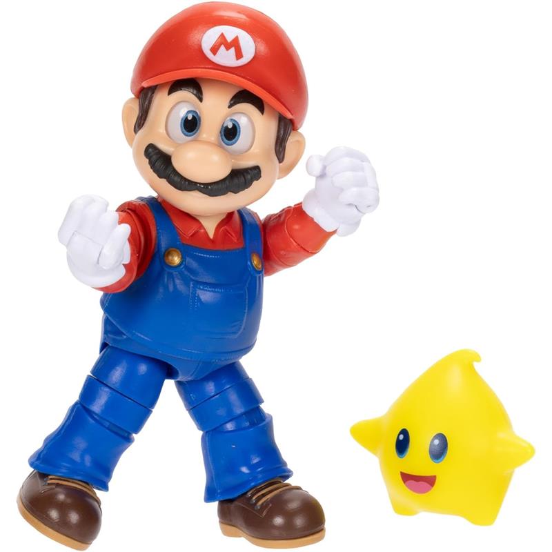 5-inch Mario action figure with yellow glow-in-the-dark Luma star, posing with arms raised in excitement.