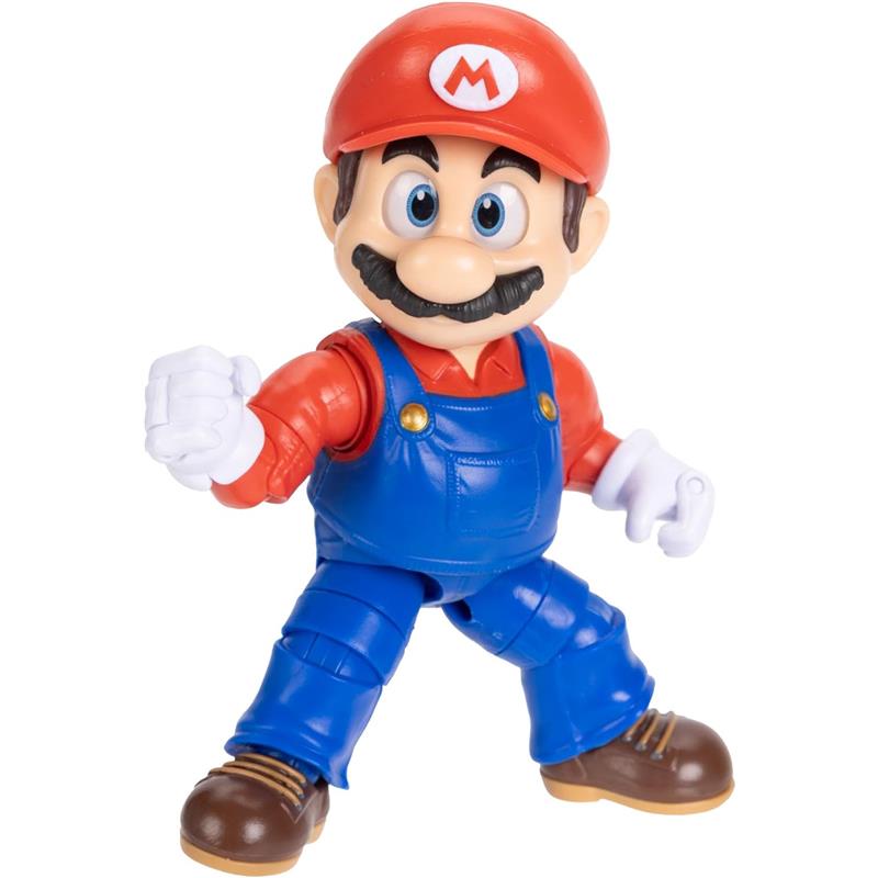 5” action figure of Mario in red shirt and blue overalls, featuring detailed features and movable limbs.