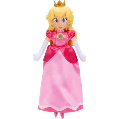 Plush doll of Princess Peach from Super Mario Galaxy, wearing a pink gown and crown, with blonde hair and white gloves.