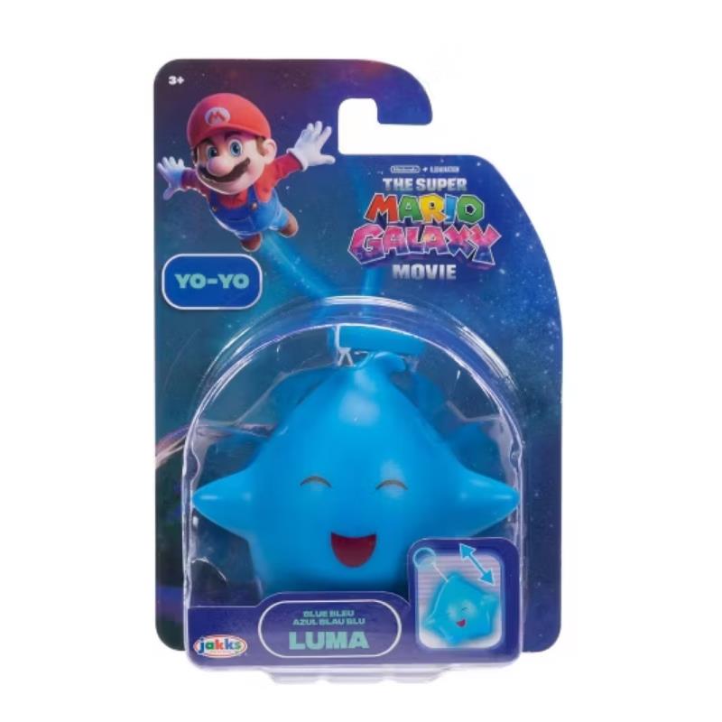 Blue Luma retractable star yo-yo toy from The Super Mario Galaxy Movie, featuring a smiling blue star character.
