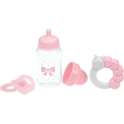 Pink bottle and rattle set including a clear bottle with a bow design, a pacifier, a cap, and a caterpillar-shaped rattle.