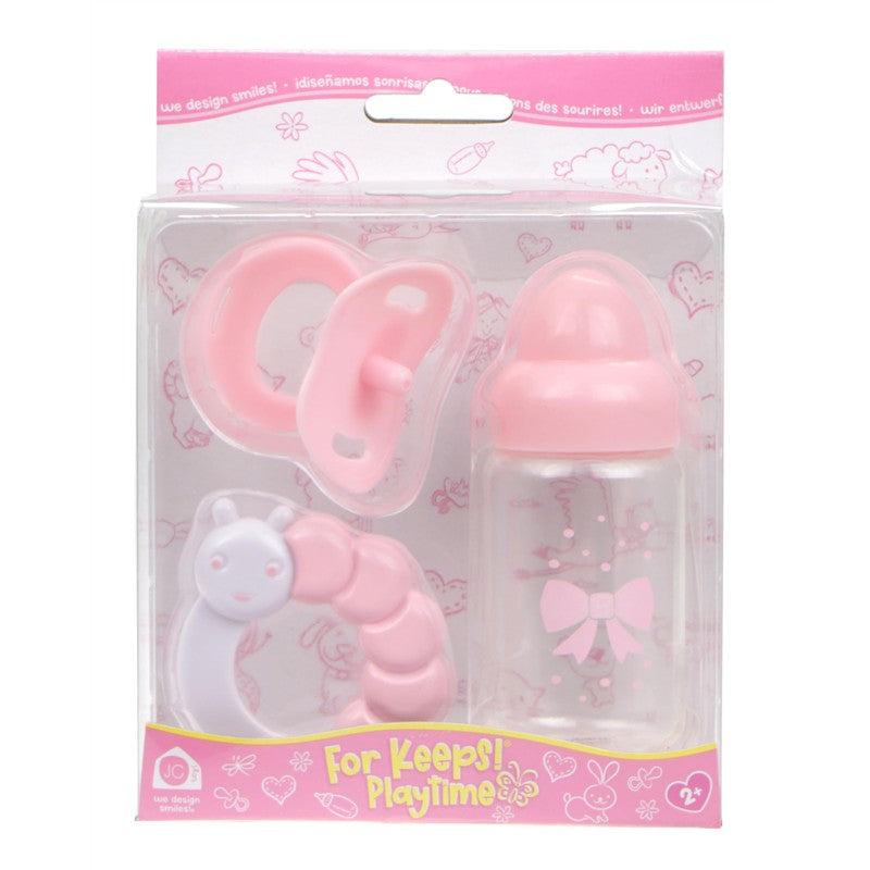 JC Toys Pink Bottle and Rattle Set featuring a pink baby bottle, pacifier, and caterpillar rattle in a clear packaging.