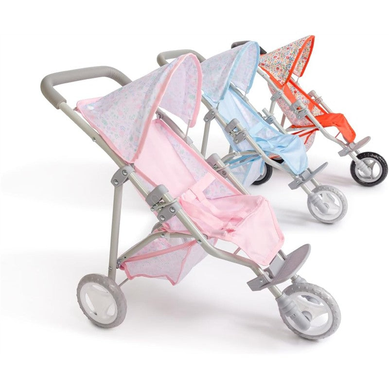 Three baby doll strollers in pink, blue, and orange; each has a canopy and fabric seat for pretend play.