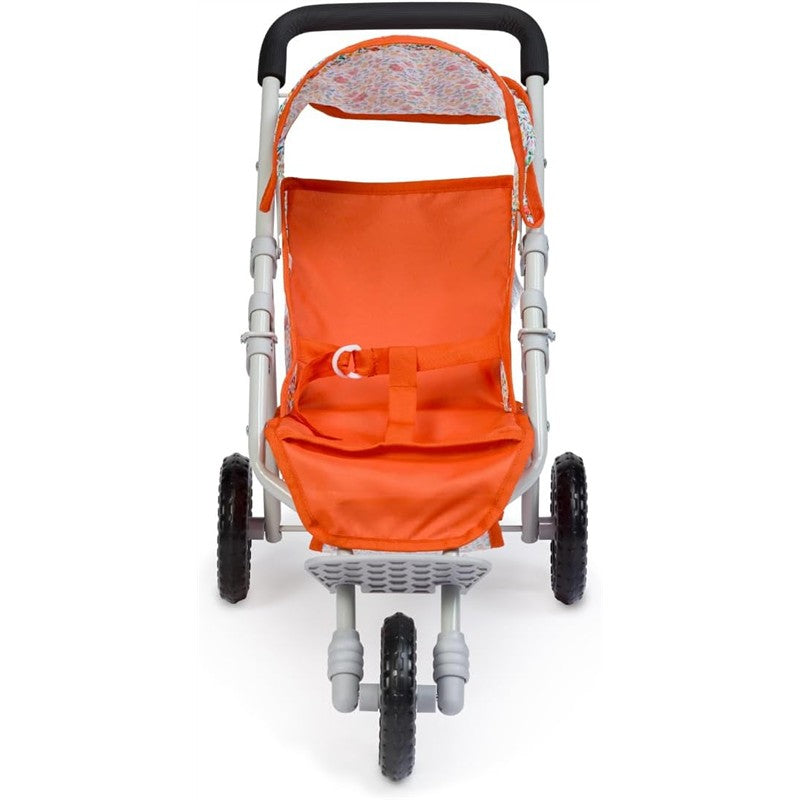 Nature jogger stroller with an orange seat, patterned canopy, and grey framework, designed for play and role-playing.