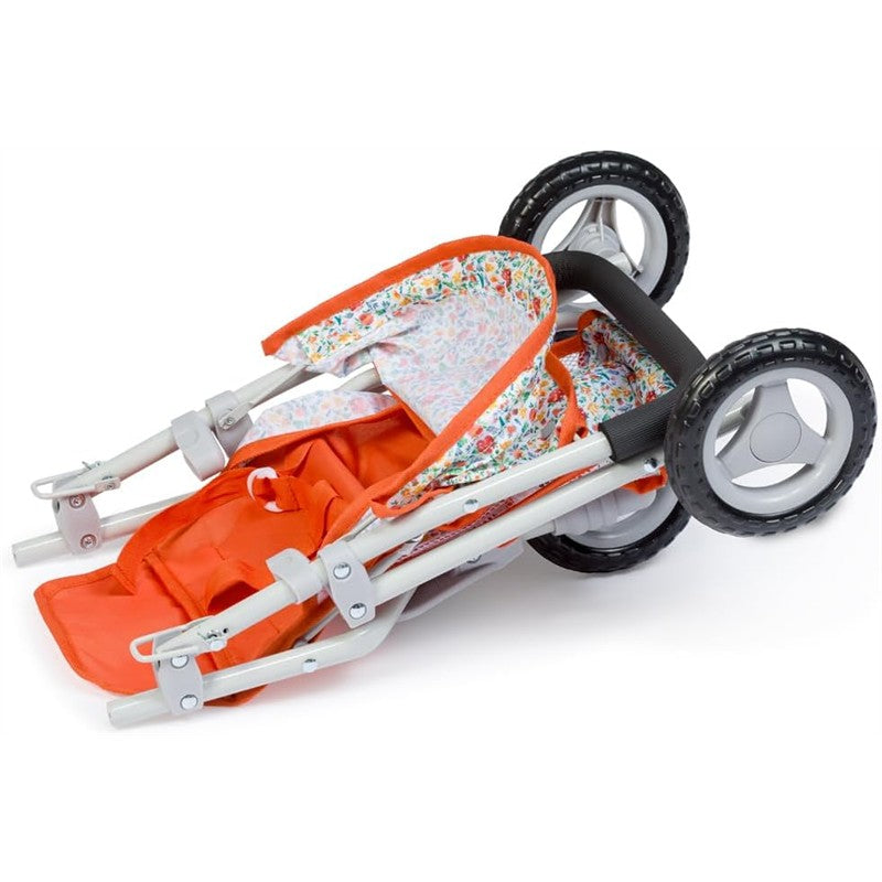 Nature-themed single jogger stroller for dolls, featuring an orange fabric seat with floral interior and sturdy wheels.