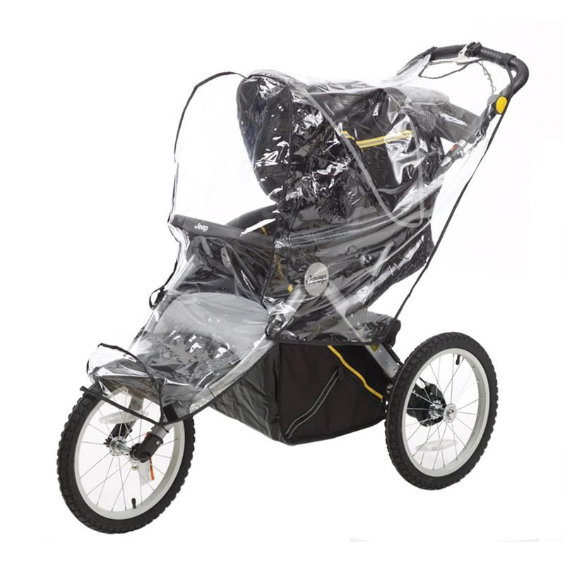 Jogging stroller weather shield accessory covering a Jeep brand jogging stroller, providing protection from the elements.