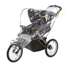Jogging stroller weather shield accessory covering a Jeep brand jogging stroller, providing protection from the elements.