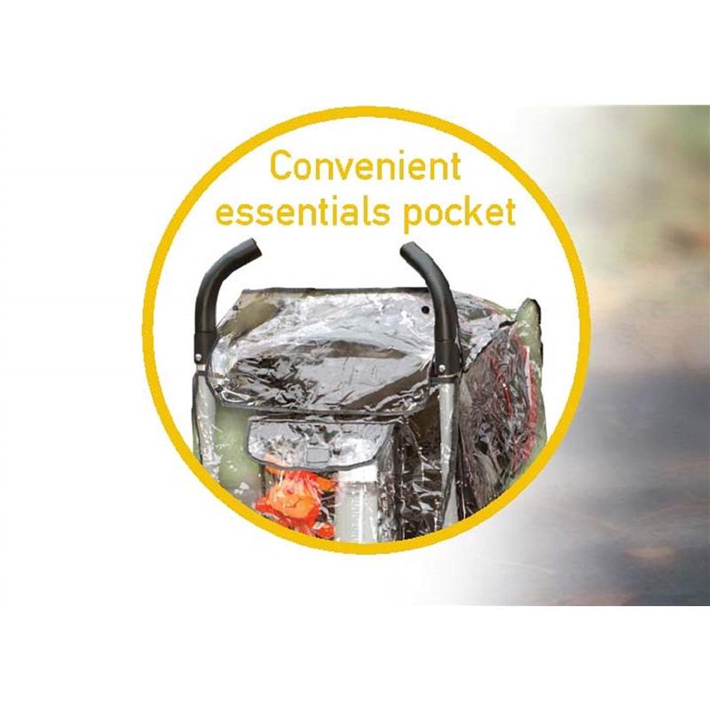 Jogging stroller weather shield featuring a convenient essentials pocket and handle grips.