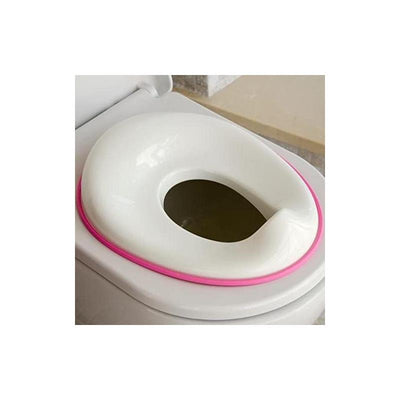 Potty training seat designed for children, featuring a white base with a pink rim, placed on a toilet.
