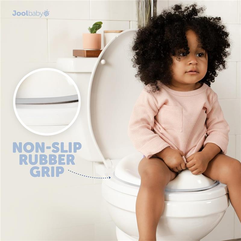 Toilet training seat by Jool Baby in white, featuring a child sitting comfortably with a focus on its non-slip rubber grip.