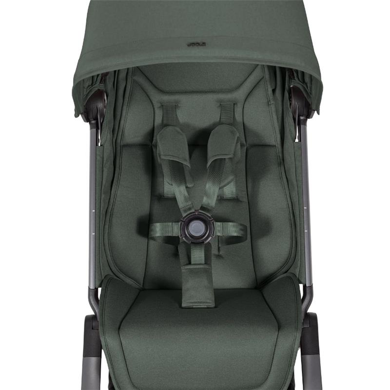Lightweight compact stroller in forest green with a padded seat and 5-point safety harness, ready for use.