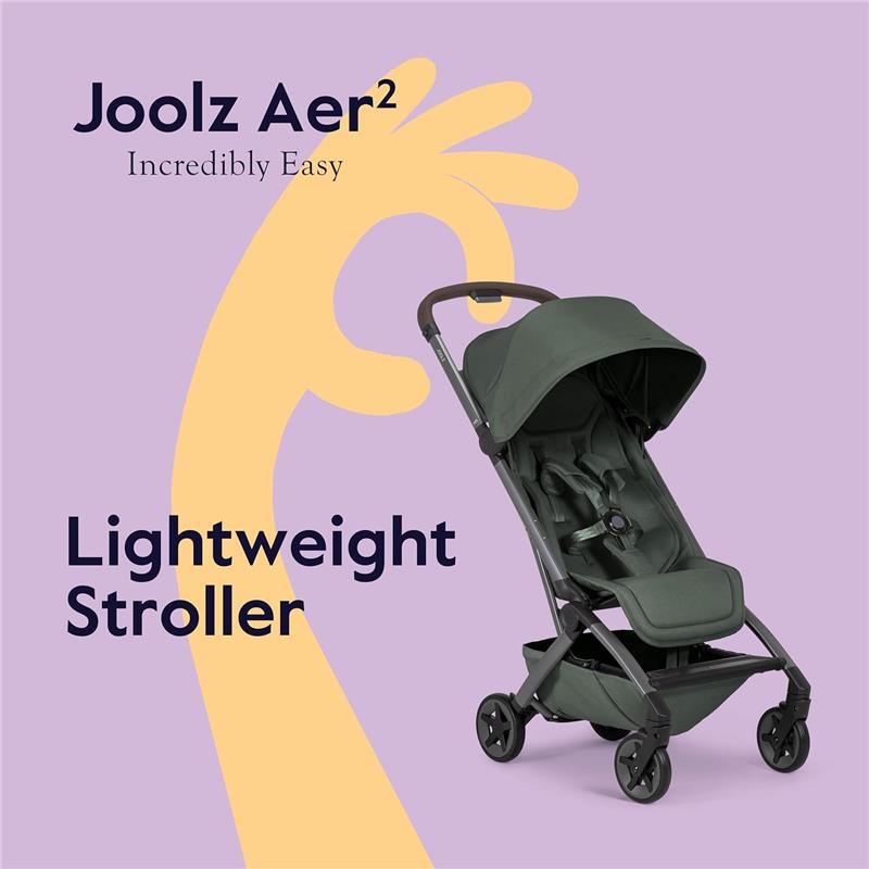 Joolz Aer² lightweight compact stroller in forest green with a large canopy, displayed against a purple background.