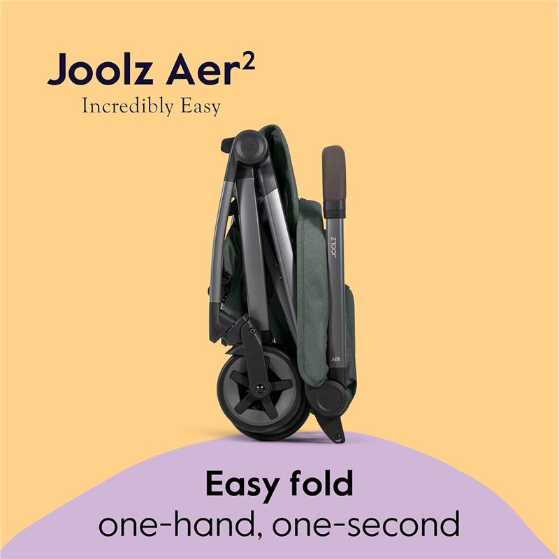 Lightweight compact stroller in forest green, highlighting easy one-hand fold feature.