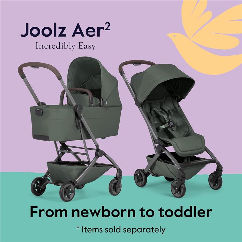 Lightweight Joolz Aer² stroller in Forest Green, featuring a carrycot and seat for newborns to toddlers on a pastel background.
