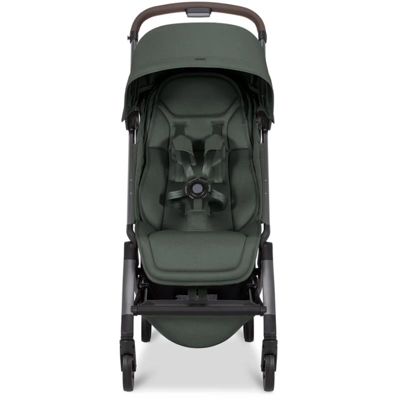 Lightweight compact stroller in forest green, featuring a padded seat, safety harness, and a large canopy.