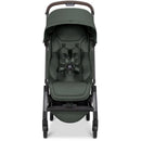 Lightweight compact stroller in forest green, featuring a padded seat, safety harness, and a large canopy.