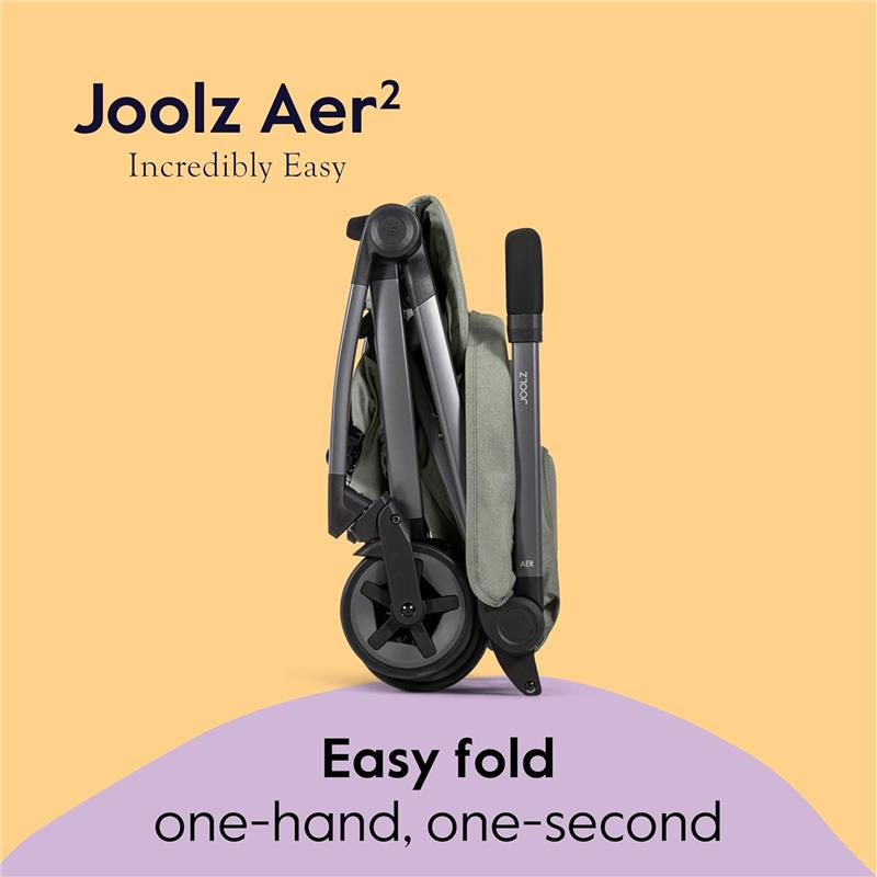 Joolz Aer² lightweight compact stroller in sage green, displayed in a folded position with text highlighting easy one-hand folding.