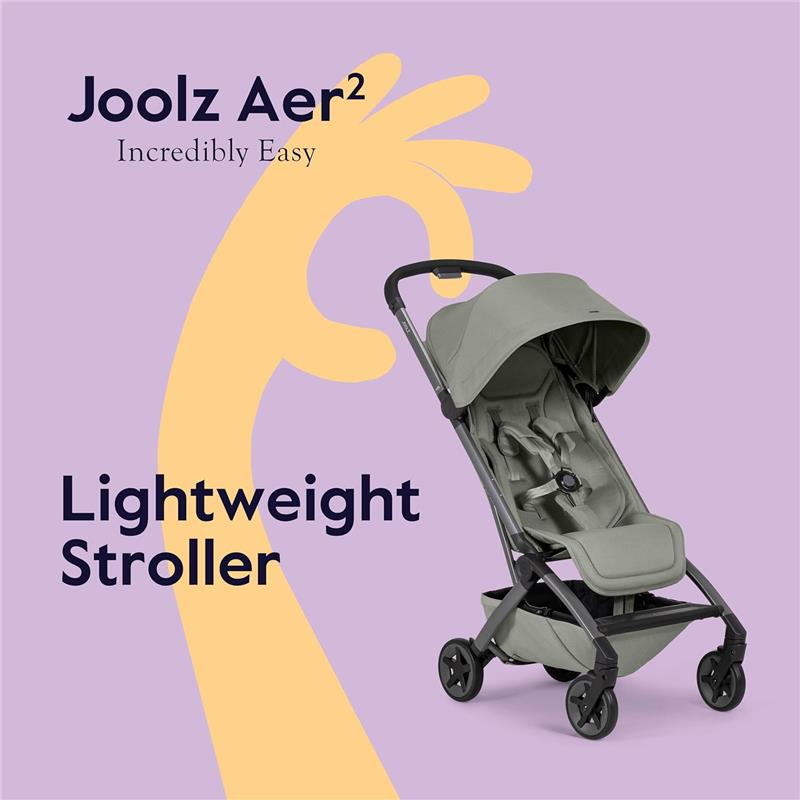 Lightweight Joolz Aer² stroller in sage green, featuring a spacious seat and foldable design, against a purple background.