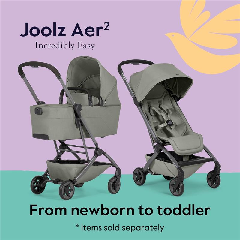 Lightweight, compact Joolz Aer² stroller in sage green, suitable for newborns to toddlers, shown with a bassinet and reclining seat.