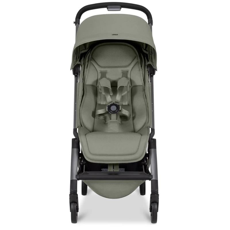 Lightweight compact Joolz Aer² stroller in sage green, featuring a padded seat and safety harness.