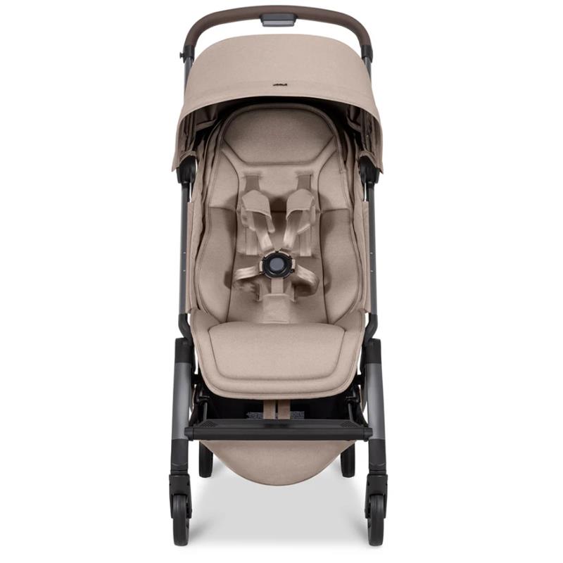 Lightweight compact stroller in Sandy Taupe color, featuring a padded seat, safety harness, and adjustable canopy.