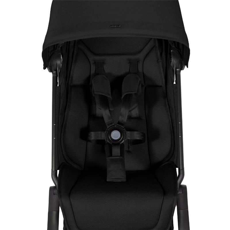 Lightweight Joolz Aer² compact stroller in Space Black with a padded seat and harness system.
