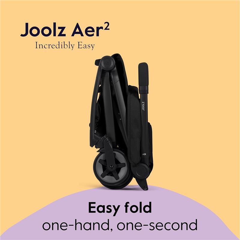 Compact Joolz Aer² stroller in Space Black, folded and displaying text about easy one-hand, one-second folding.