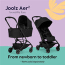 Lightweight black Joolz Aer² stroller with detachable bassinet, designed for newborns to toddlers.