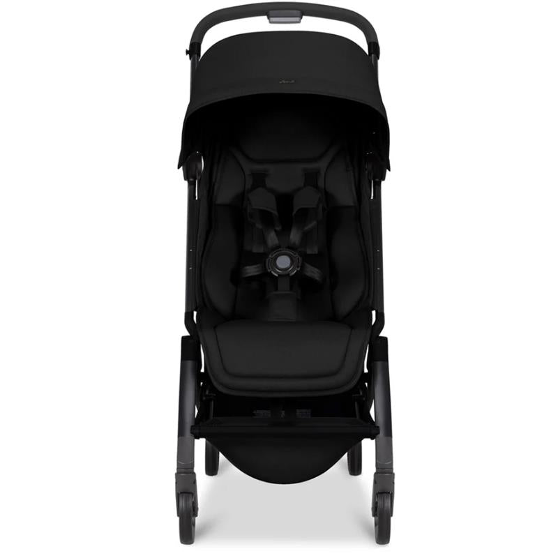 Lightweight compact stroller in Space Black with a sleek design, adjustable canopy, and safety harness.