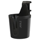 Black cup holder by Joolz designed for strollers, featuring a hook for easy attachment.