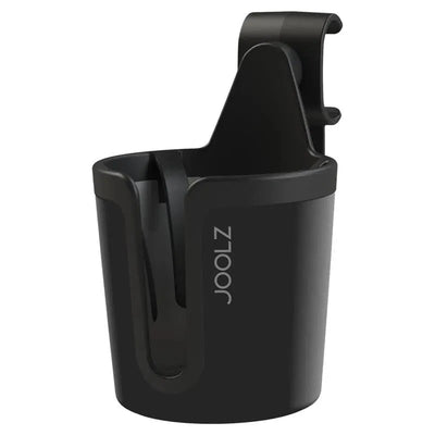 Black cup holder by Joolz designed for strollers, featuring a hook for easy attachment.