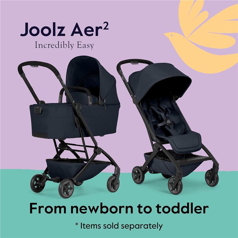 Lightweight compact Joolz Aer² stroller in dark navy blue, suitable for newborns to toddlers, with a detachable seat and safety features.