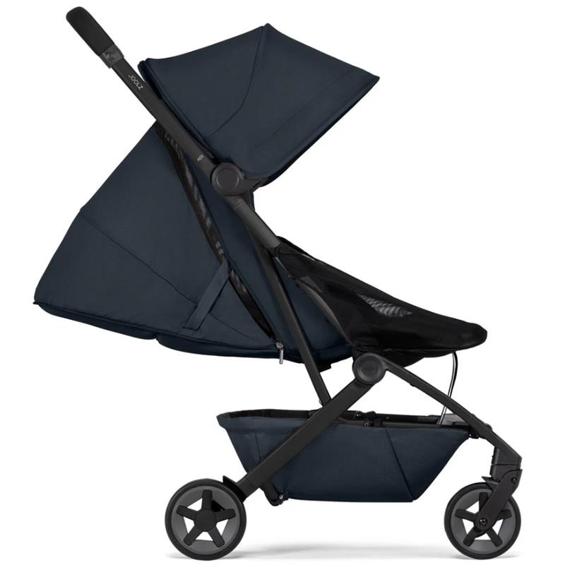 Lightweight Joolz Aer² compact stroller in dark navy blue, featuring a large canopy, collapsible design, and sturdy wheels.