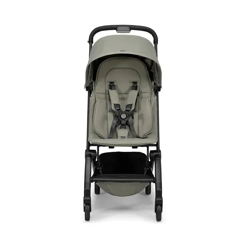 Lightweight compact stroller in sage green, featuring a reclining seat, safety harness, and storage basket.