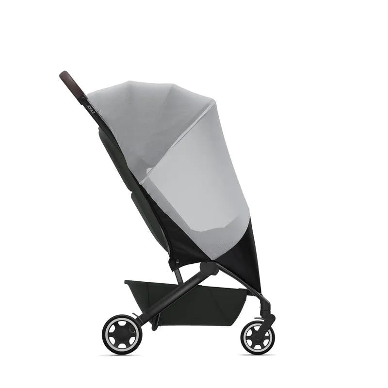 Joolz Aer stroller with a mosquito net attached, featuring a modern design and lightweight frame.