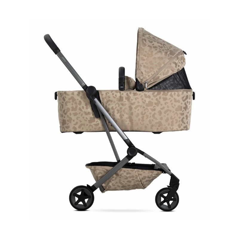 Joolz Aer2 Fold Cot in Chic Renaissance Taupe with leopard print pattern and grey frame, designed for infants.