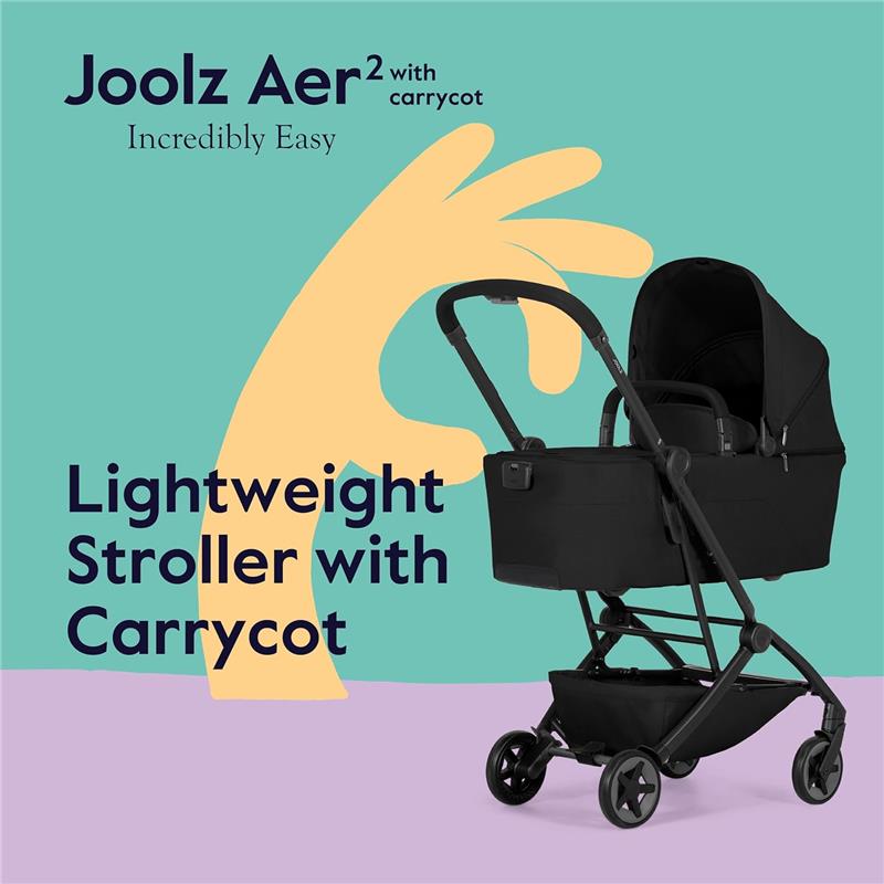 Joolz Aer2 foldable bassinet in Space Black, featuring a lightweight stroller with carrycot, designed for easy mobility.