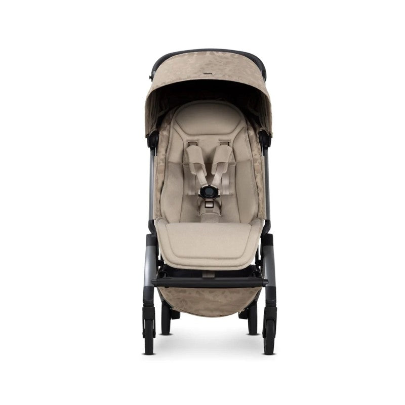 Joolz Aer2 stroller in Chic Renaissance, Taupe color, featuring a plush seat with safety harness and a compact design.