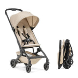 Ultra lightweight Joolz Dot travel stroller in Dune Beige, shown upright and folded for convenience.