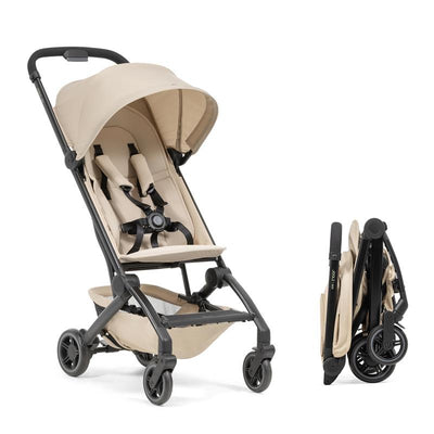 Ultra lightweight Joolz Dot travel stroller in Dune Beige, shown upright and folded for convenience.