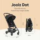 Joolz Dot ultra lightweight travel stroller in Dune Beige, showing dimensions and weight specifications of 12.2 lbs.