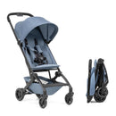 Lightweight Joolz Dot travel stroller in Lagoon Blue, shown upright with adjustable canopy and a folded version beside it.
