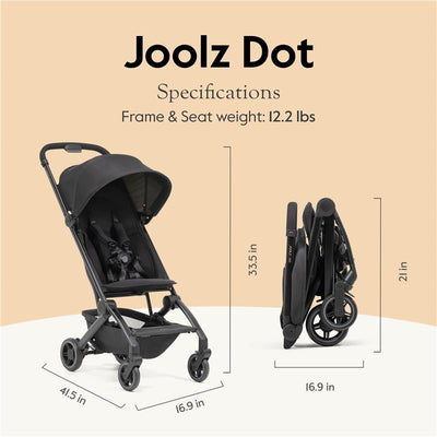 Joolz Dot travel stroller in Lagoon Blue with dimensions displayed: 41.5 in height, 16.9 in width, 33.5 in folded height, weighs 12.2 lbs.