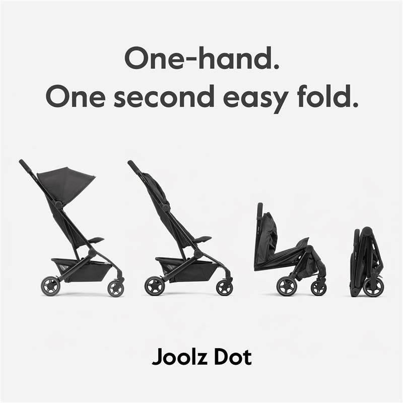 Joolz Dot travel stroller in Lagoon Blue, showcasing one-hand folding in three stages. Text highlights ease of use.