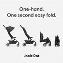 Joolz Dot travel stroller in Lagoon Blue, showcasing one-hand folding in three stages. Text highlights ease of use.