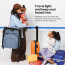 Joolz Dot travel stroller in lagoon blue is carried by a woman, while children play with luggage in a travel setting.