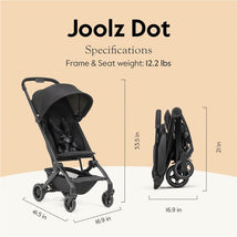 Joolz Dot ultra lightweight travel stroller in Space Black, with dimensions and weight specifications displayed.