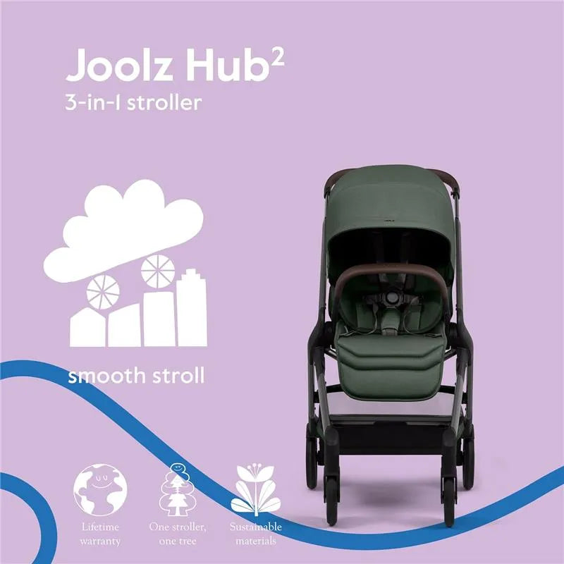 Joolz Hub² 3-in-1 stroller in Forest Green, featuring a lightweight design and smooth stroll highlighted on a pastel background.