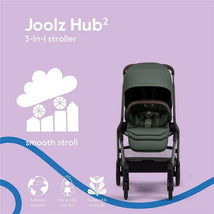 Joolz Hub² 3-in-1 stroller in Forest Green, featuring a lightweight design and smooth stroll highlighted on a pastel background.