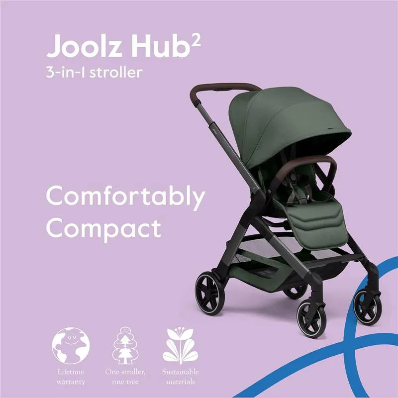 Joolz Hub² 3-in-1 stroller in forest green, featuring a compact design and a lightweight frame on a purple background.